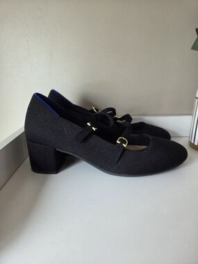 Rothy's Black Mary Jane Block Heel Pumps with Gold Accent